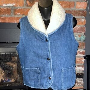 Vintage Denim Sherpa Trucker Farm Vest Size Small Snap Buttons Quilted Lining